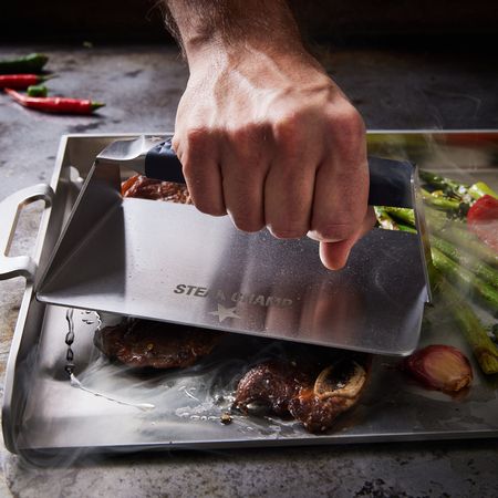 Fleisch wird mit einer Bürger-und-Steakpresse gepresst
